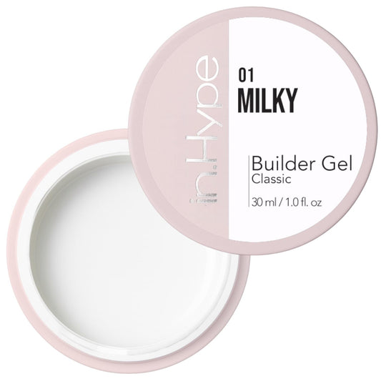 IN.HYPE Hard Builder Gel milky white for nail extensions and full coverage.