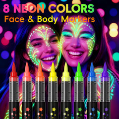 INAFKDPONR 16color luminous neon face paint pen blue highlights UV glow at events.