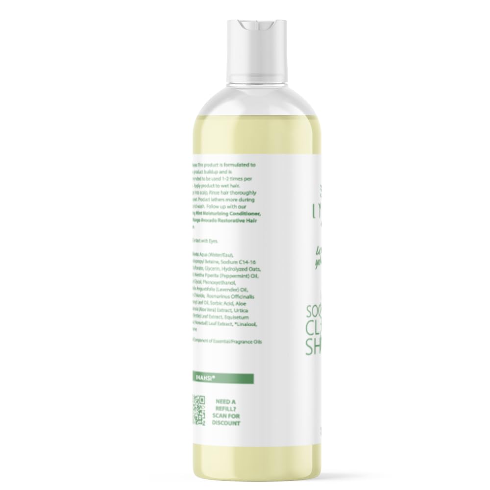 Inahsi Soothing Mint Clarifying Shampoo lather image shows gentle cleanse for color-treated curls