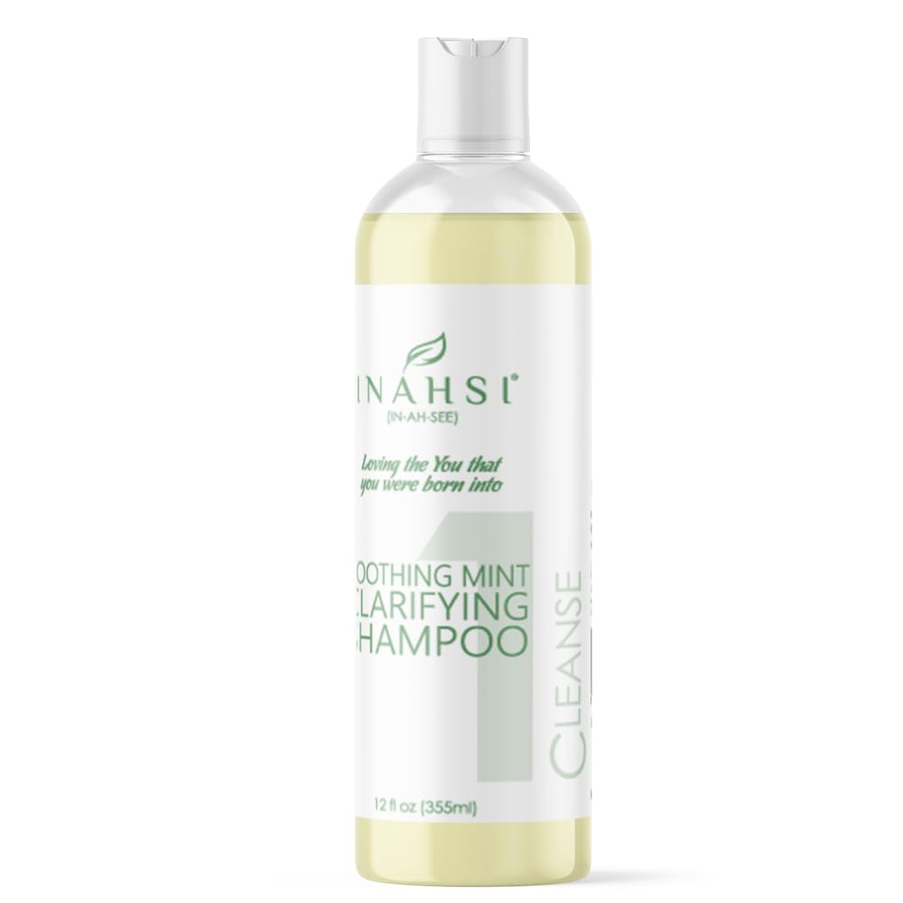 Inahsi Soothing Mint Clarifying Shampoo packaging highlights USA-made 12 oz bottle for home use