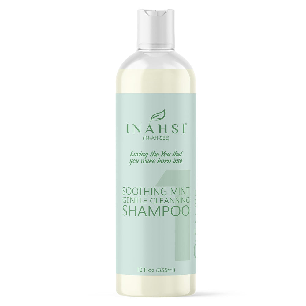Inahsi Soothing Mint shampoo bottle front, gentle cleanse for curls.