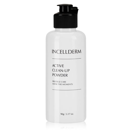 INCELLDERM Active Clean-Up Powder jar showing powder-to-foam activation for a gentle cleanse.