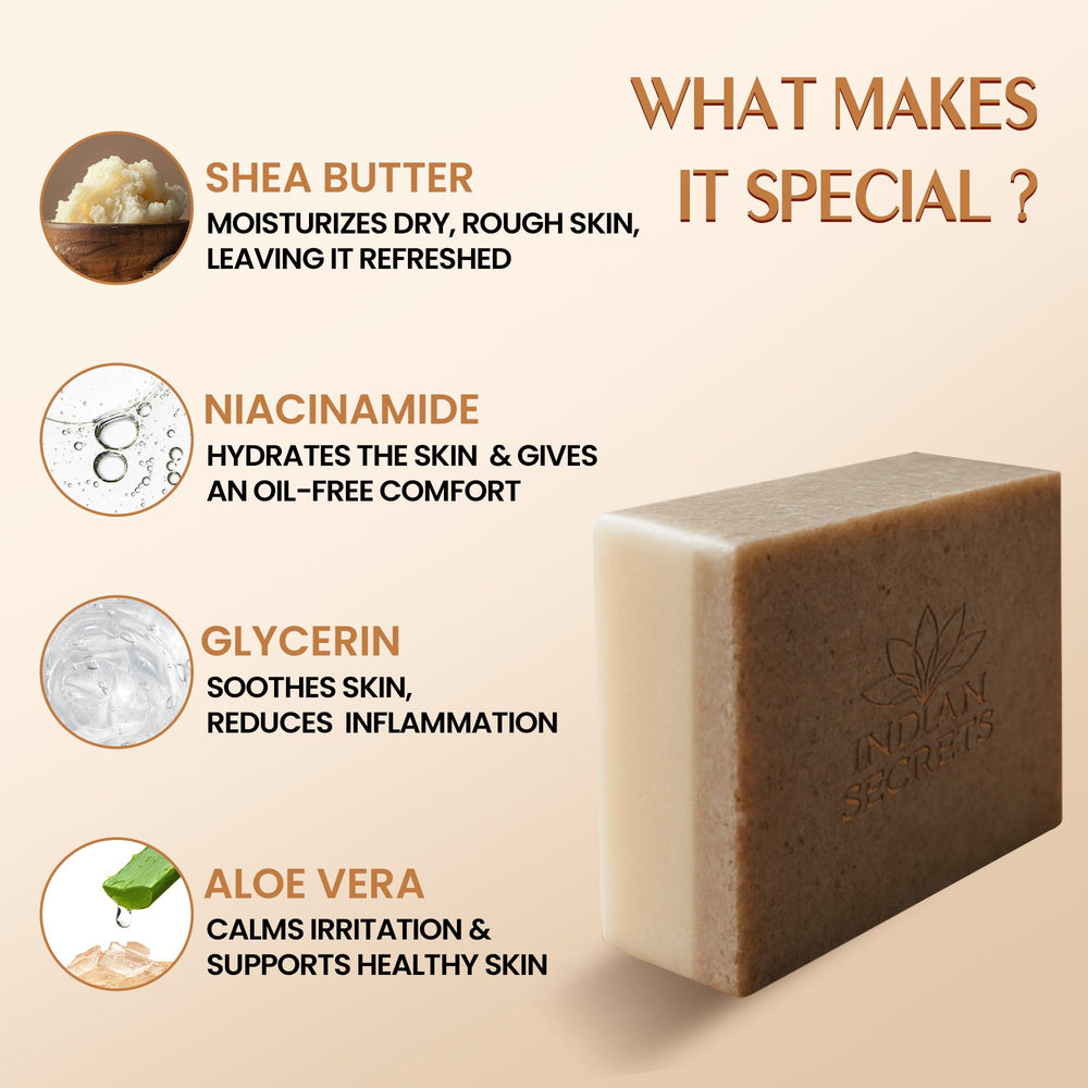 INDIAN SECRETS Scrub Soap with niacinamide supports even tone.