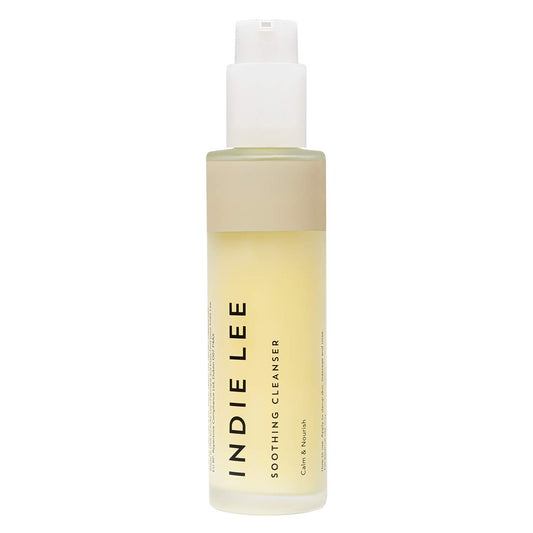 Indie Lee Soothing Cleanser bottle shown, gentle makeup remover for sensitive skin.