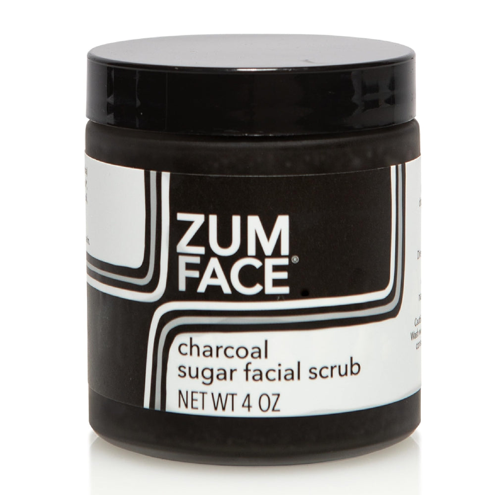 Indigo Wild Zum Face Sugar Scrub jar shows charcoal texture for gentle exfoliation