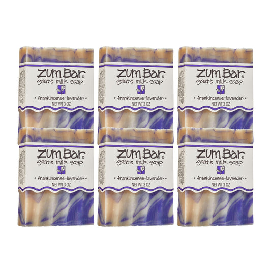 Indigo Wild Zum Goat Milk Soap Bar with frankincense-lavender pack, six bars for home use.