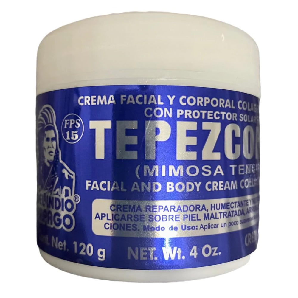 Indio Papago Tepezcohuite cream in white packaging with SPF-15 protection.
