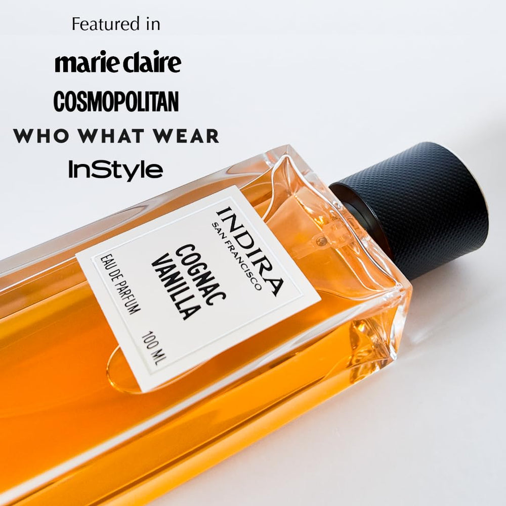 INDIRA SAN FRANCISCO Cognac Vanilla bottle top with premium cap and amber liquid.