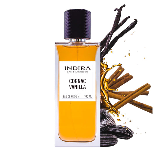 INDIRA SAN FRANCISCO Cognac Vanilla bottle on a clean surface, showcasing warm gourmand notes.