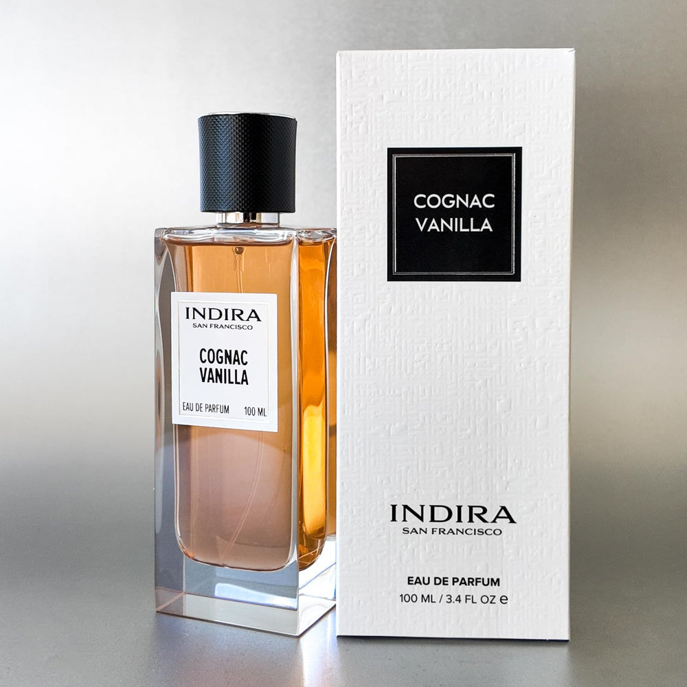 INDIRA SAN FRANCISCO Cognac Vanilla label detail with notes and IFRA badge.