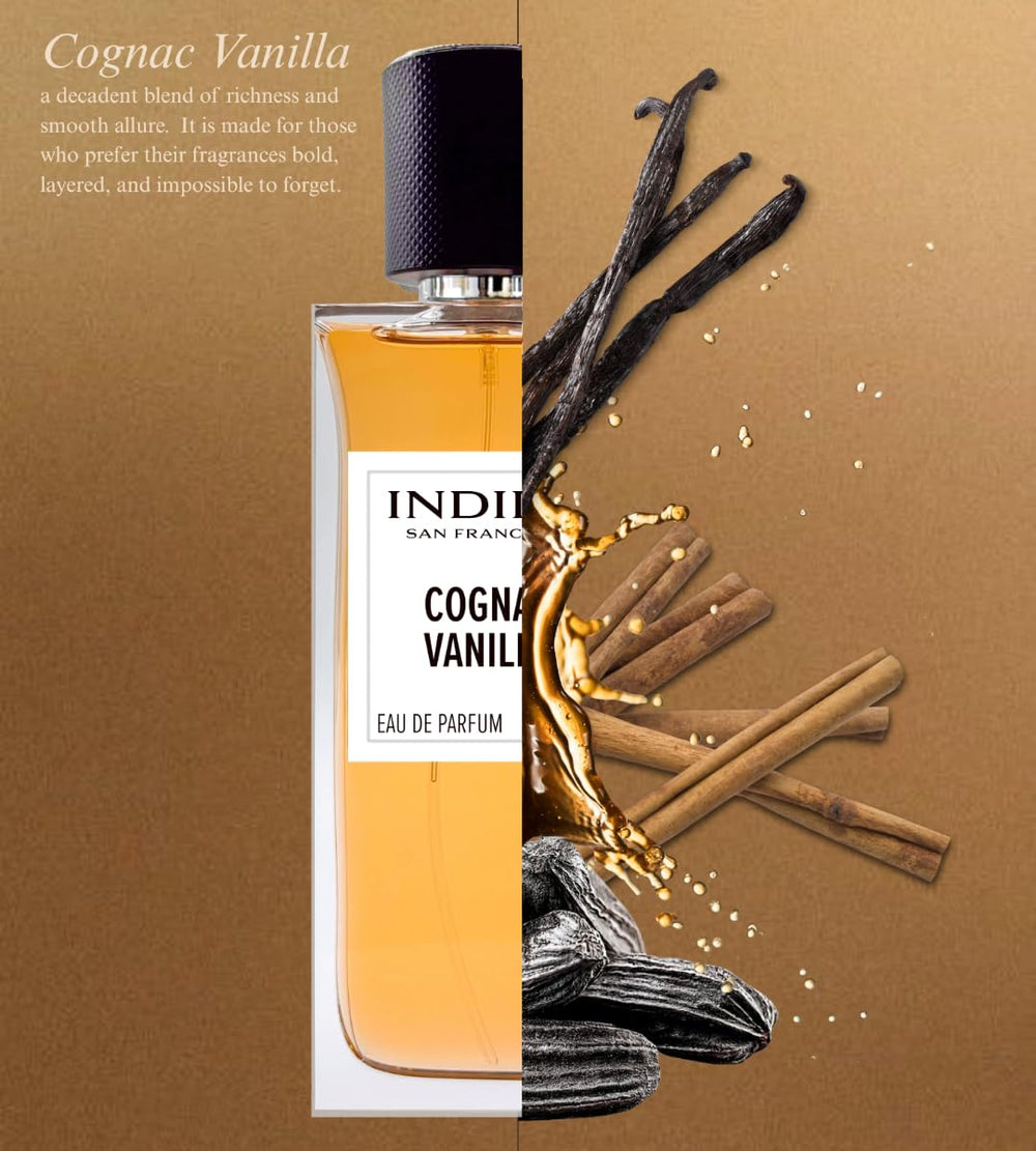 INDIRA SAN FRANCISCO Cognac Vanilla product shot for catalog.