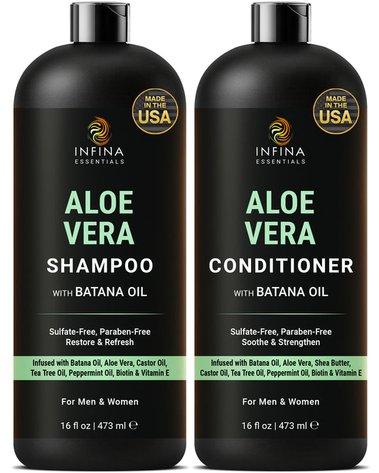 INFINA ESSENTIALS Aloe Vera Shampoo bottle shows hydrating cleansing for dry scalp.