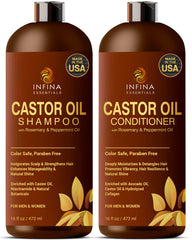 INFINA ESSENTIALS castor oil shampoo bottle with rosemary and peppermint for scalp nourishment
