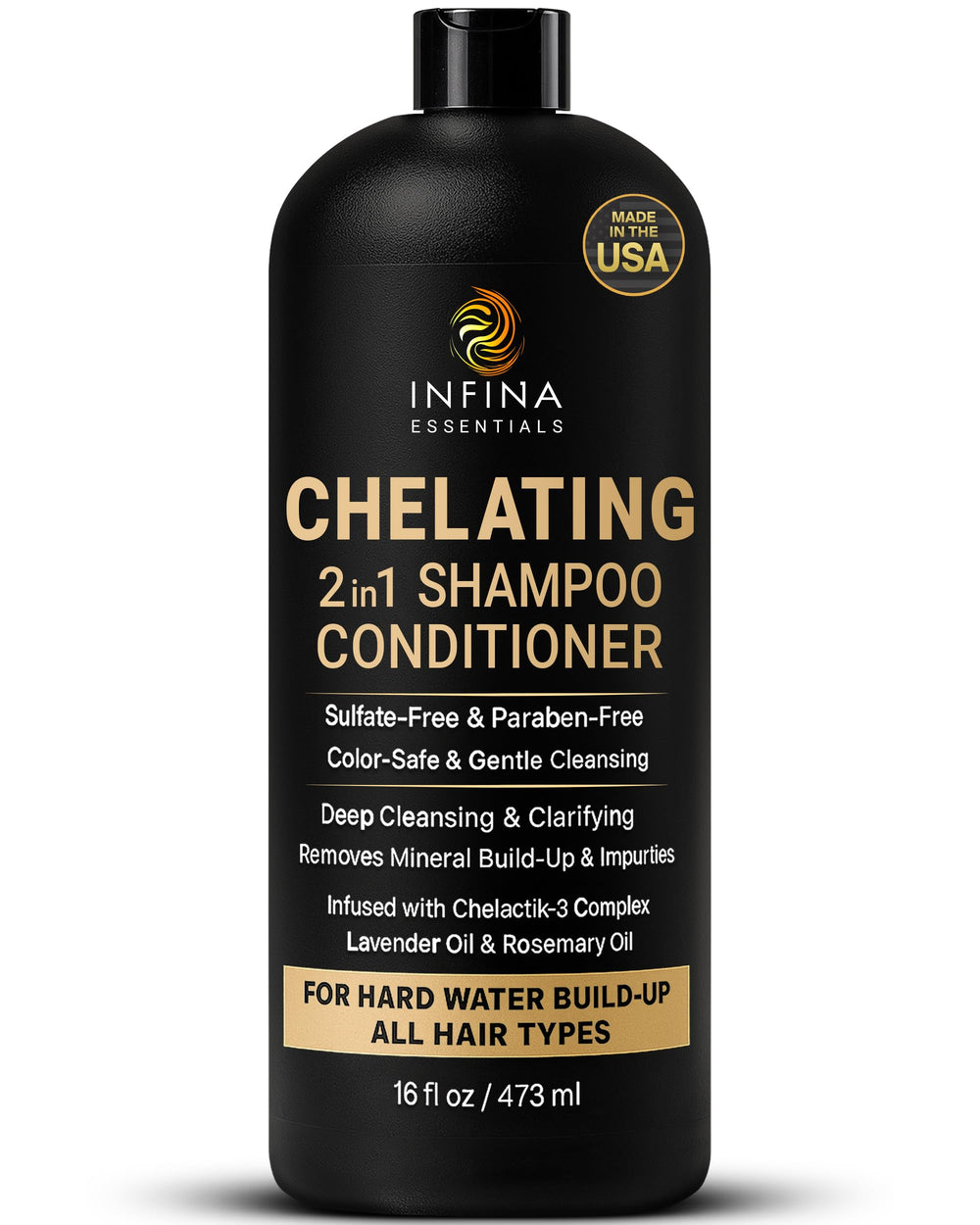 Infina Essentials hard water shampoo bottle pour showing easy two-in-one cleansing for mineral buildup relief