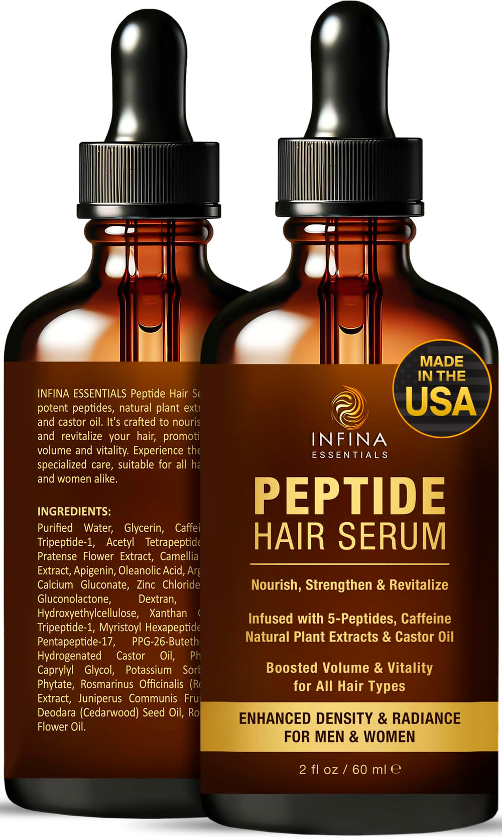 INFINA ESSENTIALS peptide hair serum packaging emphasizing 2oz size
