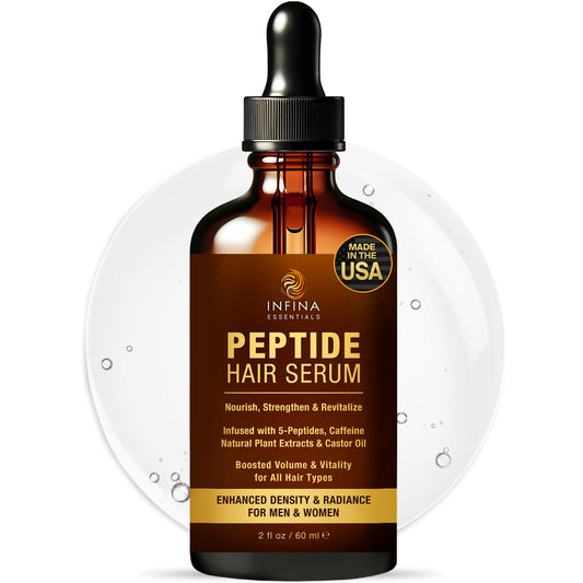 INFINA ESSENTIALS peptide hair serum bottle shown for daily scalp nourishment and growth support
