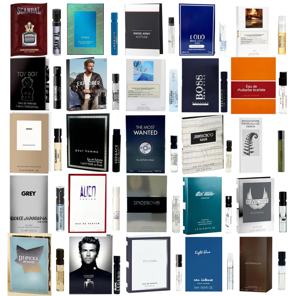 Infinite Scents cologne sampler pack showing ten designer vials for scent exploration.