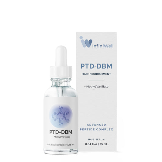 InfiniWell PTD-DBM serum bottle on a clean counter for daily scalp renewal potential.