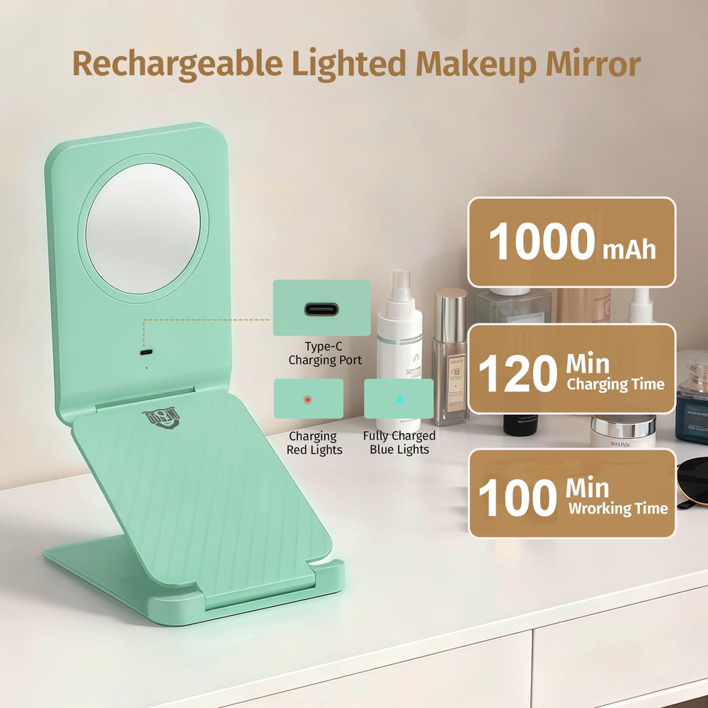 INFOOD mint green travel mirror with foldable stand for easy setup