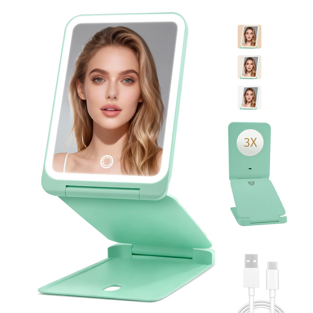 INFOOD Travel Makeup Mirror open, mint green finish, bright LED lighting for on-the-go application