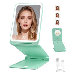 INFOOD Travel Makeup Mirror open, mint green finish, bright LED lighting for on-the-go application