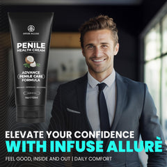 Infuse Allurè Happy Men’s Comfort Cream ingredients panel highlights vitamins.