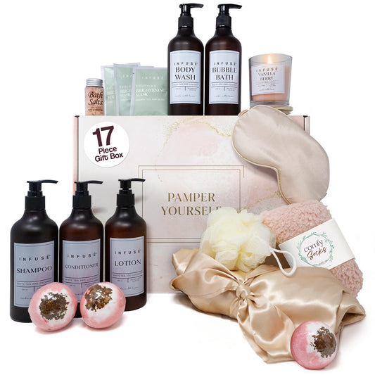 INFUSÉ robe and spa gift set laid out for cozy self-care moment