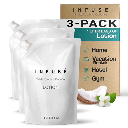 INFUSÉ White Tea and Coconut 1L refill bag ready for premium dispenser refills.