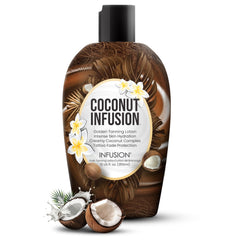 Infusion Coconut Infusion tanning lotion bottle pour for even application.