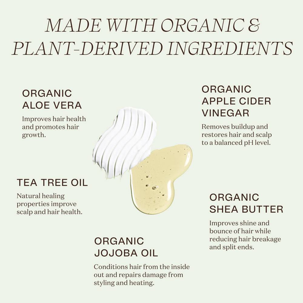 Ingreendients conditioner bottle with organic aloe and jojoba for detangling and softness.