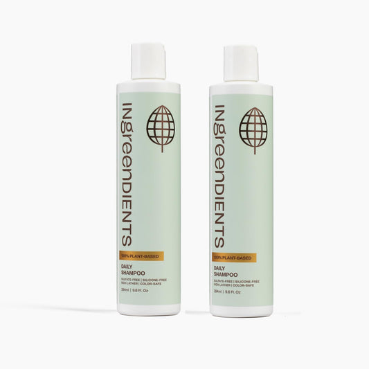 Ingreendients non-toxic vegan shampoo bottle on shelf for gentle daily cleansing.