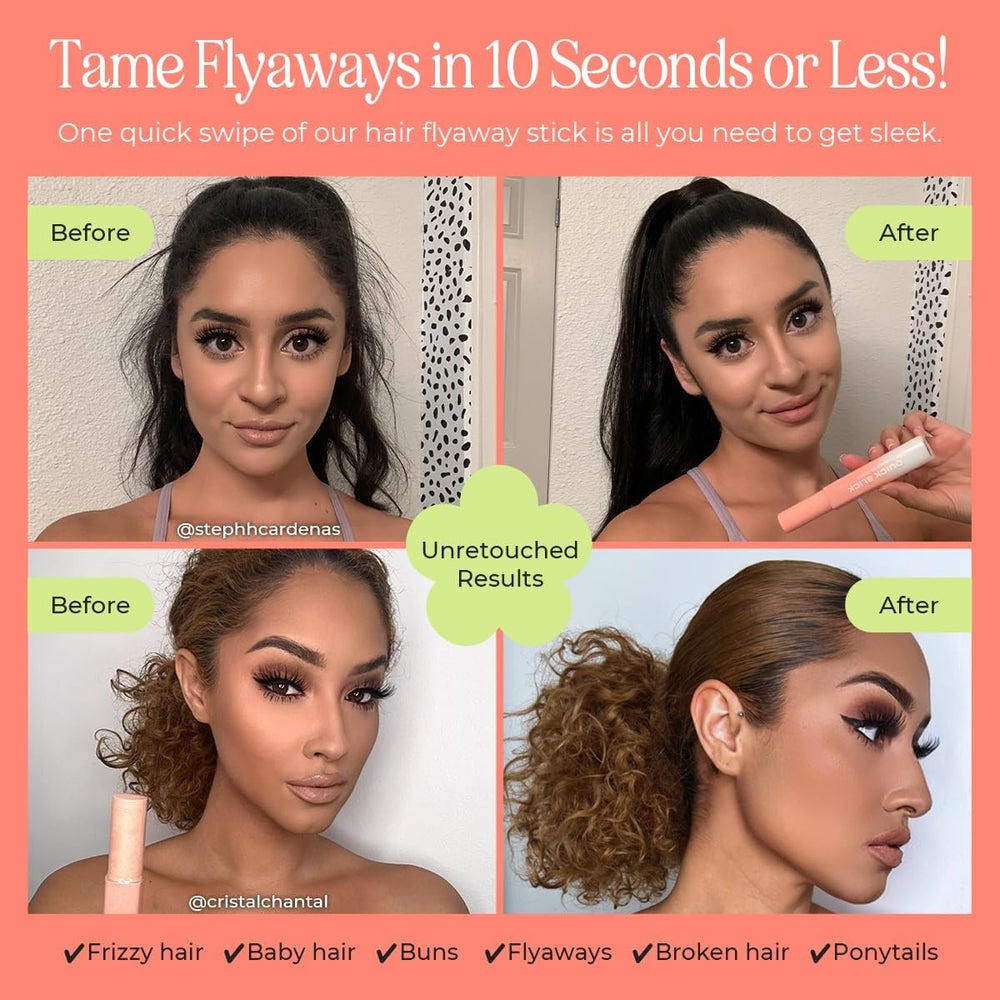 INH Hair Mascara for Flyaways applied on bangs demonstrating seamless smoothing and natural shine