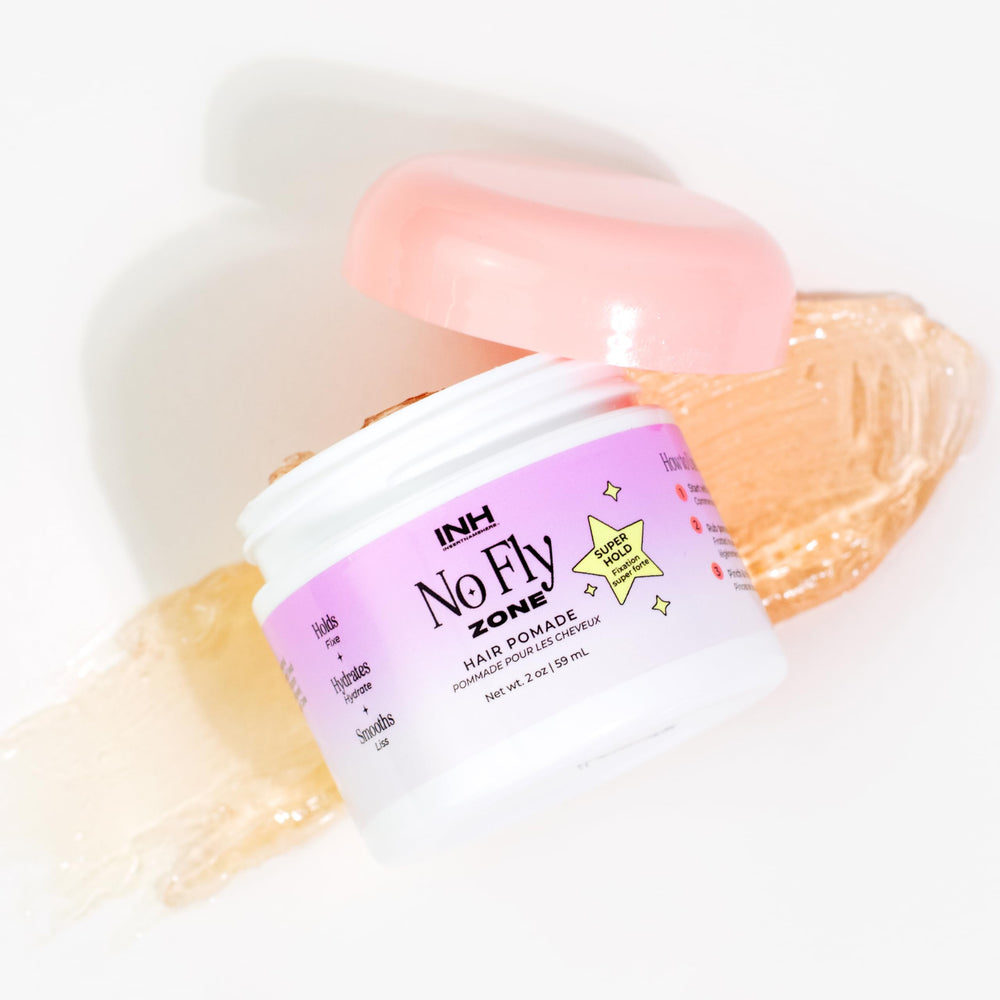 INH Hair Pomade bottle shows water-based formula for quick frizz control.