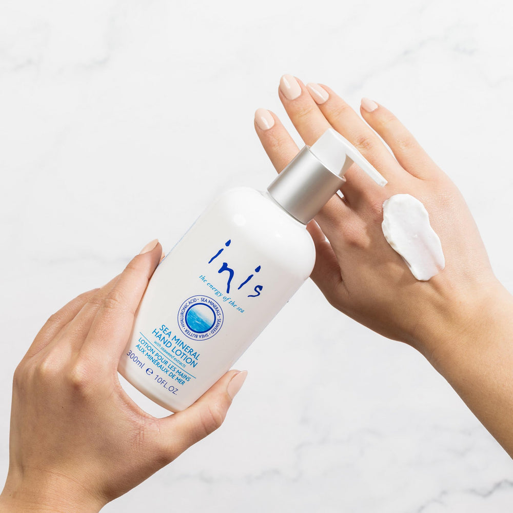 Pump dispenser of Inis Energy of the Sea hand lotion for easy application