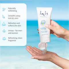 Inis scented scrub texture on skin demonstrates spa-like exfoliation.