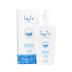 Inis Revitalizing Body Lotion bottle with pump closeup delivering hydrating coastal nourishment.