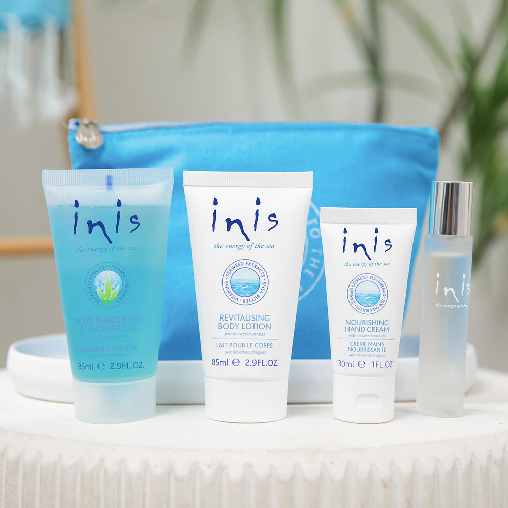 Gift set packaging close-up highlighting the aqua blue bag.