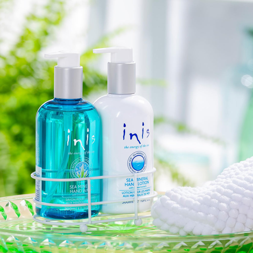 Inis hand wash bottle with nourishing seaweed formula cleanses gently.