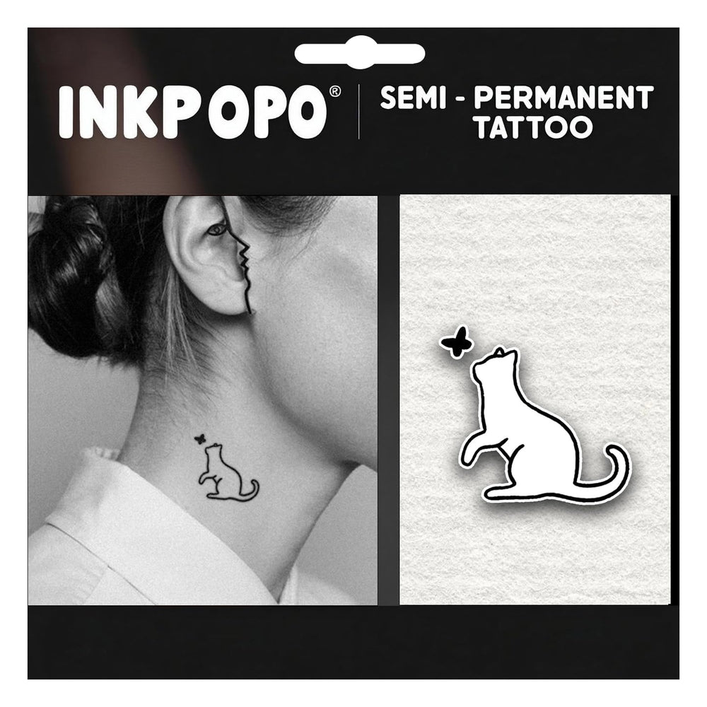 INKPOPO front packaging showing three tattoo sheets and instruction card for easy use