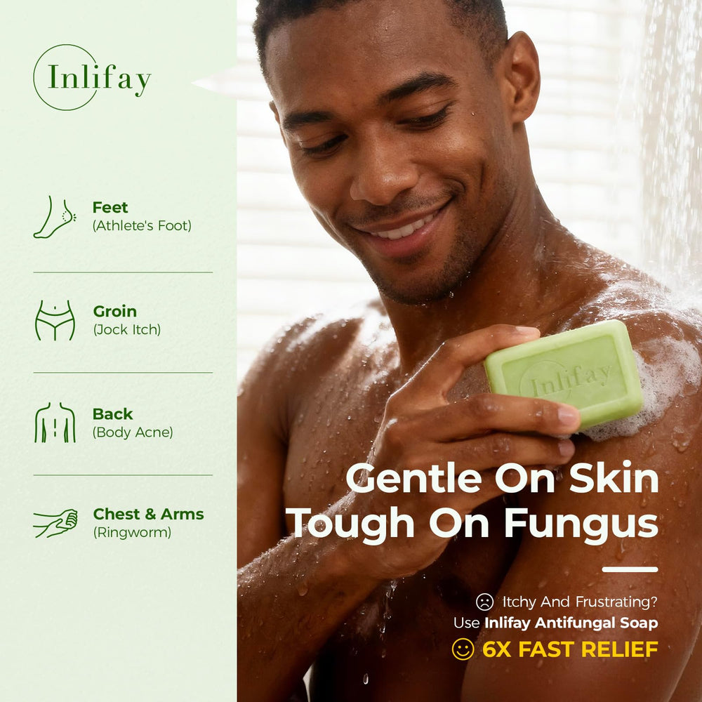 Inlifay soap bar closeup highlights tea tree oil ingredients for skin comfort.