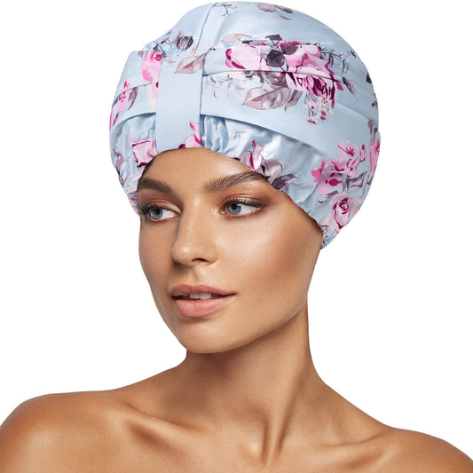 INNELO luxury shower cap front view in blue flower design, keeps hair dry