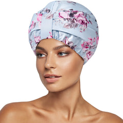 INNELO luxury shower cap front view in blue flower design, keeps hair dry