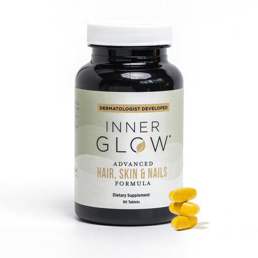 Inner Glow bottle front shows premium hair, skin & nails support
