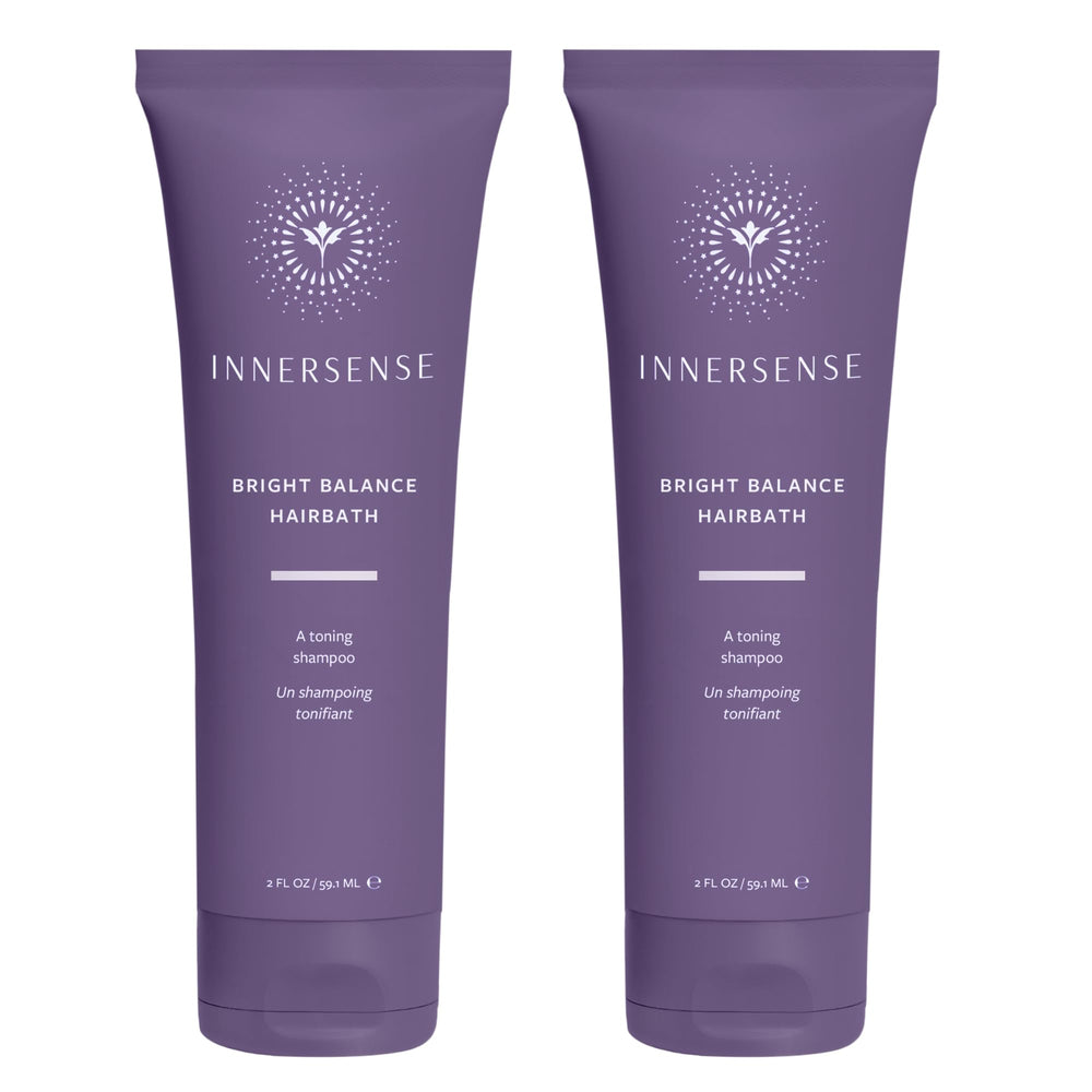 INNERSENSE Bright Balance Purple Hairbath bottle shows violet toning for brass neutralization.