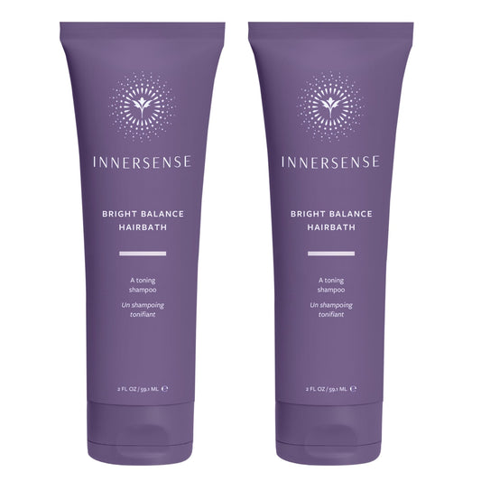 INNERSENSE Bright Balance Purple Hairbath bottle shows violet toning for brass neutralization.