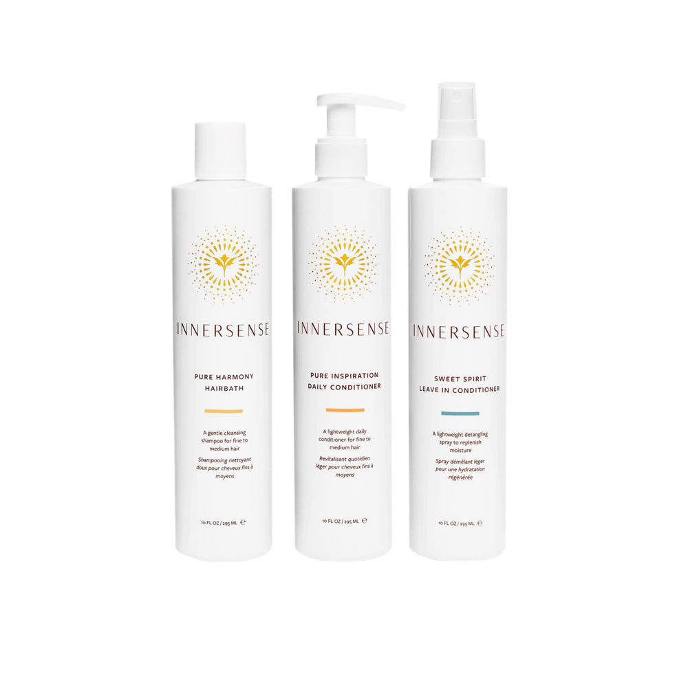 INNERSENSE Pure Harmony Trio: three full-size bottles for color-safe, lightweight, cruelty-free haircare.