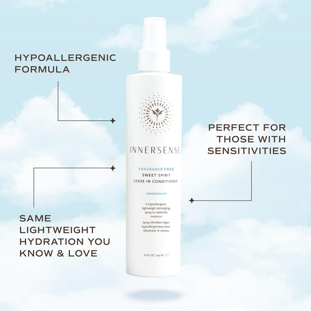 INNERSENSE Sweet Spirit Leave-In bottle dispensing weightless, fragrance-free formula for all hair types.