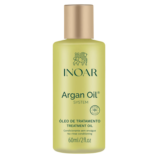 INOAR Argan Oil Hydrating Treatment bottle smoothing hair for frizz-free shine.