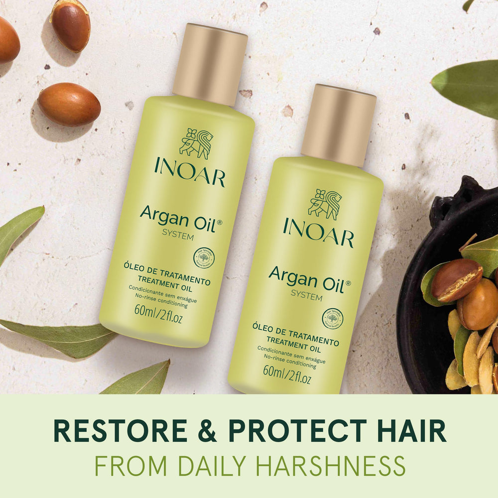 INOAR Argan Oil Hydrating Treatment bottle highlighting thermal protection for heat styling.