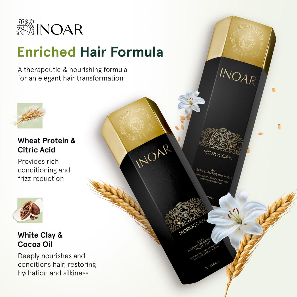 INOAR Deep cleansing shampoo label close-up emphasizes purifying lather for clean prep.